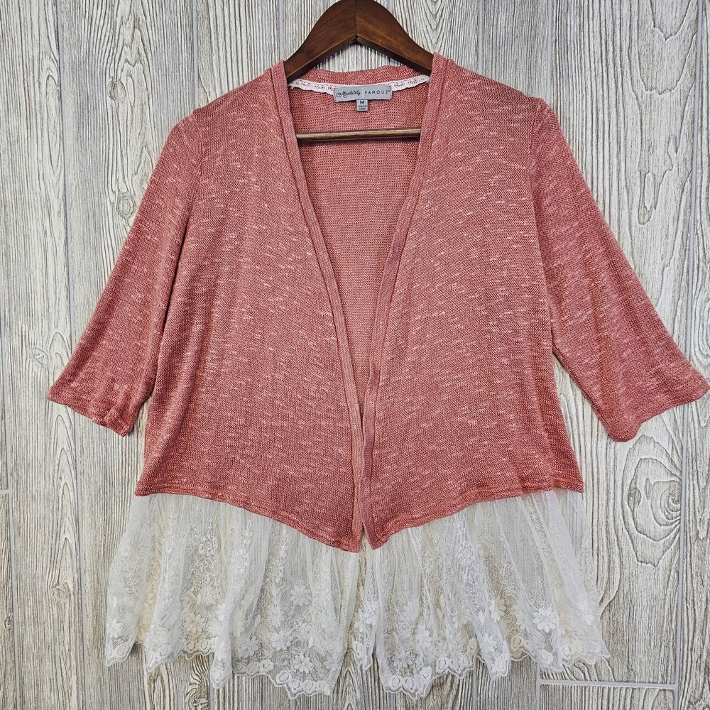 Absolutely Famous Pink Knit Cardigan Lace Trim Romantic Boho Sweater‎ Medium